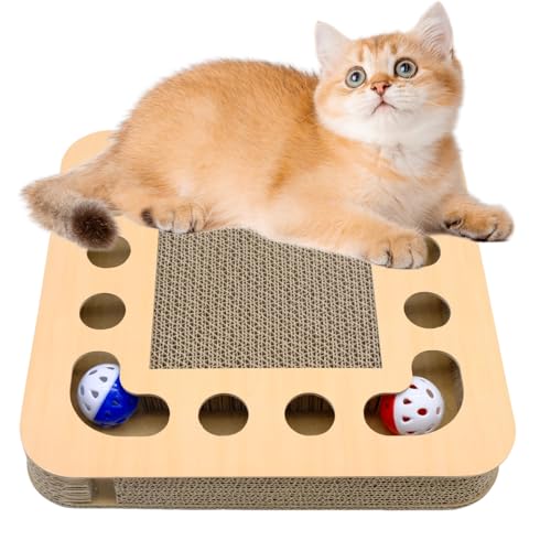 Kratzbrett Katze mit Klingelballs, 3 in 1 Wellpappe Kratzpappe für Katzen, Interaktives Katzenspielzeug Stabilem Katzenkratzbretter Kratzmatte Zubehör für Katzen für Katzen (Quadrat) von WSAMJIN
