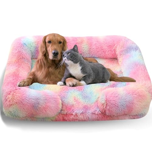 WTZHHK Hundebett Hundekissen Große Hunde, Hundebett Orthopädisch mit Abnehmbarem, Waschbarem Bezug, Wasserdichtem Futter und Rutschfester Unterseite. (Color : Tie-Dye Rainbow, Size : L) von WTZHHK