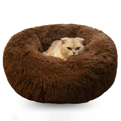 WTZHHK Hundekissen Rund Hundebetten Katzenbett Flauschig Bequem Waschbar für Katzen und Hunde Katzenkorb (Color : Brown, Size : 23.5" 60cm) von WTZHHK