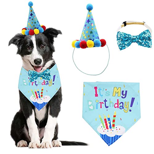 Hunde-Geburtstags-Halstuch-Set, mit niedlichem Hunde-Geburtstagsparty-Hut und Fliege, für Katzen- und Hundedekoration (blau) von WUBAYI