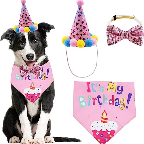 WUBAYI Hunde-Geburtstags-Bandana für Mädchen, niedliches Hunde-Geburtstagsparty-Zubehör mit Happy Birthday-Banner, Fliege, Haustier-Kostüme von WUBAYI