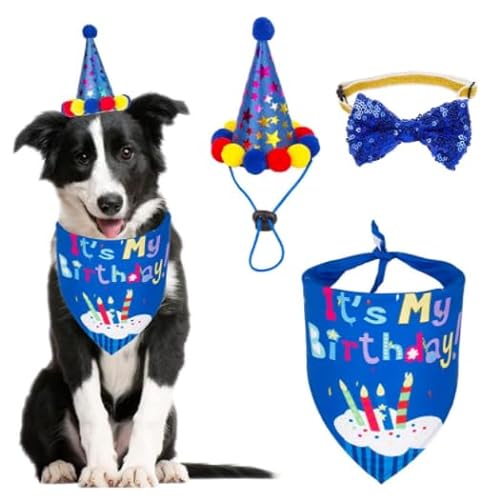 WUBAYI Hunde-Geburtstags-Halstuch-Set, mit süßem Hut und Fliege, für Katzen- und Hundedekoration (dunkelblau) von WUBAYI