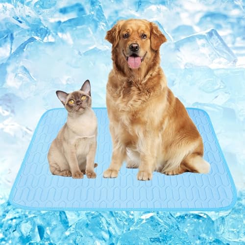 WUDEUI Kühlmatte für Hunde, Eisseide, Haustier-Kühlkissen für den Sommer, waschbar, kühles Katzenbett für drinnen und draußen, Zwinger, Kisten, Autositze (blau, 90,4 x 75,1 cm) von WUDEUI