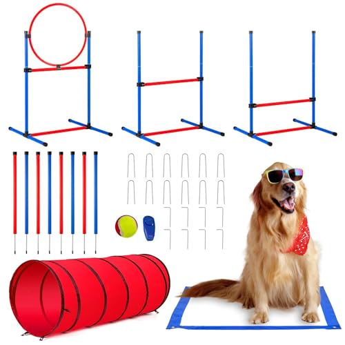 WUDLEP Hund Agility Trainingsgeräte, 17 Stück Hund Hinderniskurs Training Starter Kit Outdoor Spiel mit Tunnel, 2 Agility Hürde, 8 Webart Stangen, Sprungring, Pause Box, Frisbee, Pfeife von WUDLEP