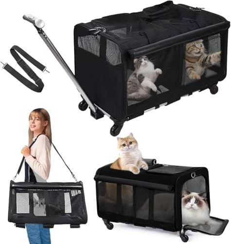 WUDLEP Rolltasche für Haustiere mit zwei Fächern, große rollende Katzentragetasche, schwarze Haustier-Tragetasche für bis zu 15,9 kg, super belüftetes Design mit abnehmbaren Rädern für 2 Haustiere WUDLEP Rolltasche für Haustiere mit zwei Fächern, große rollende Katzentragetasche, schwarze Haustier-Tragetasche für bis zu 15,9 kg, super belüftetes Design mit abnehmbaren Rädern für 2 Haustiere von WUDLEP