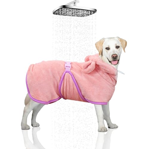 WUFANC Hundebademantel Super Saugfähig, Schnell Trocknend, Verstellbare Schrumpfbänder Gewährleistet einen Bequemen Sitz des Bademantel Hund, für Große, Mittlere und Kleine Hunde (L) von WUFANC