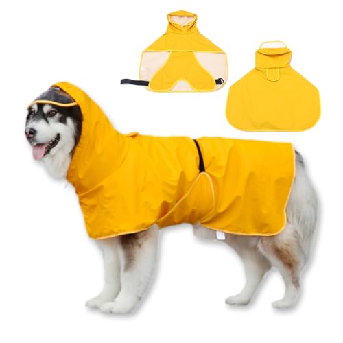 WUFANC Regenmantel Hund - Gelb Regenjacke Hund mit Transparenter Kapuze - Hunderegenmantel Wasserdicht mit unsichtbaren Leinenlöchern, für große, mittelgroße und kleine Hunde (3XL) von WUFANC