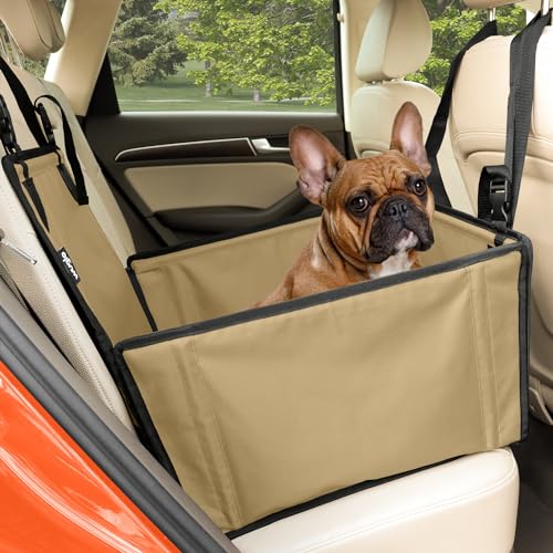 Extra Stabiler Hunde Autositz - Verstärkter Autositz für kleine und mittlere Hunde mit 4 Befestigungsgurten - Hochwertiger und wasserdichter Hundeautositz für den Rücksitz im Autos (S-Größe, Beige) von WUGLO