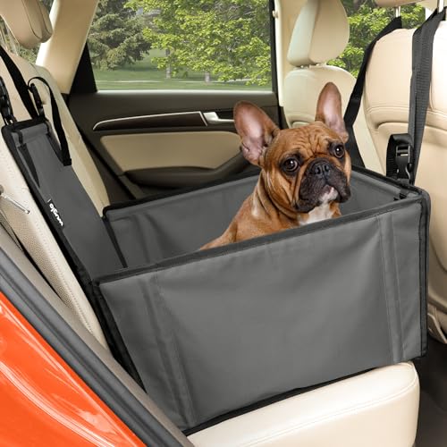 Extra Stabiler Hunde Autositz - Verstärkter Autositz für kleine und mittlere Hunde mit 4 Befestigungsgurten - Hochwertiger und wasserdichter Hundeautositz für den Rücksitz im Autos (S-Größe, Grau) von WUGLO