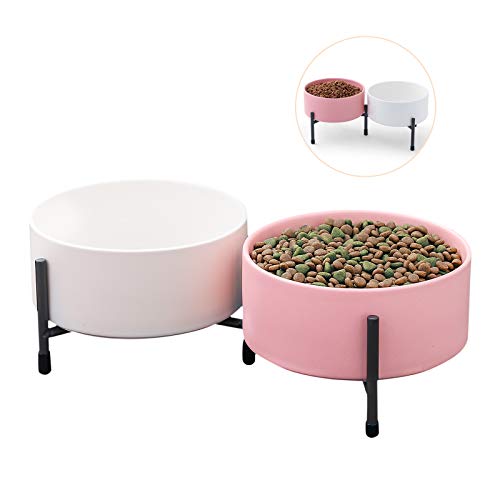 15,2 cm Keramik-Schüssel-Sets mit Metallständer für Futter und Wasser – 907 ml erhöhtes Haustier-Geschirr für Futter und Wasser, für Katzen und kleine Hunde, 2er-Set (weiß und rosa) von WUHOSTAM
