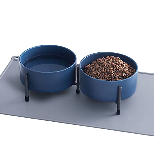 15,2 cm Keramik-Schüssel-Sets mit Metallständer und Silikonmatte für Futter und Wasser – 32 oz Haustier Futter Wasser Feeder Katzen kleine Hunde – Marineblau – 2 Stück von WUHOSTAM