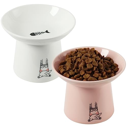 16.5 cm extra breite Keramik-Erhöhter Katzenfutternapf, Porzellan, erhöhter Futternapf für Katzen, schützt die Wirbelsäule des Haustieres für ältere große Katzen, 2 Stück (weiß und rosa) von WUHOSTAM