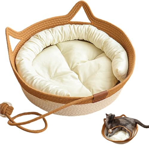 WUMEIJIAJU Katzenbettkorb aus Baumwolle, gewebt, 3-in-1 Katzenkorb mit Kissen und Kratzball, Spielzeug, Schlafnest, Kratzbett für Kätzchen, Welpen, kleine Katzen und Hunde von WUMEIJIAJU