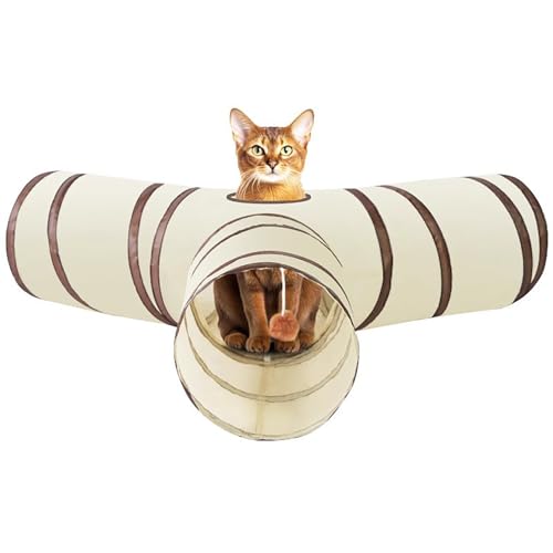 WUMEIJIAJU Katzentunnelspielzeug, 3-Wege-Klappschlauch mit Spielzeugball, interaktiver Katzentunnel für Indoor-Katzen, Welpen, Kätzchen, Kaninchen, kleine Haustiere (Beige) von WUMEIJIAJU