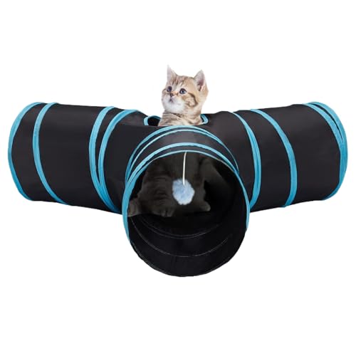 WUMEIJIAJU Katzentunnelspielzeug, 3-Wege-Klappschlauch mit Spielzeugball, interaktiver Katzentunnel für Indoor-Katzen, Welpen, Kätzchen, Kaninchen, kleine Haustiere (Schwarz&Blau) von WUMEIJIAJU