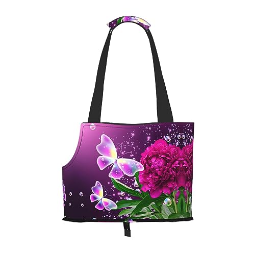 Haustier-Tragetasche mit Tasche, für kleine Hunde und Katzen, Violett mit Schmetterlingen und Blumen von WURTON