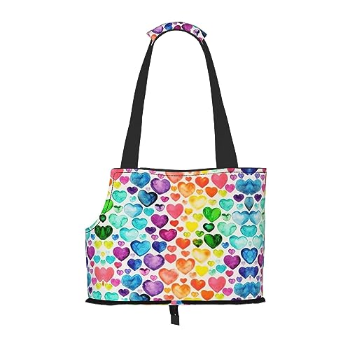 Rainbow Hearts Haustier-Reisetasche mit Tasche, Sicherheit für kleine Hunde und Katzen – atemberaubendes Druckdesign von WURTON