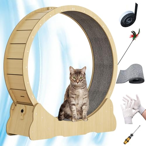WUZILIN Hochwertige Massivholzverkleidung Katzenlaufrad - die perfekte Auslaufmöglichkeit für Katzen! Innenring Durchmesser 100cm (L, Natur) von WUZILIN