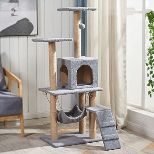 Katzenbaum Tower Indoor, Katzenhöhle Wohnung, Sisal Kratzbaum und Hängematte mit verbreiterten Treppen (Farbe: Grau) von WWJ