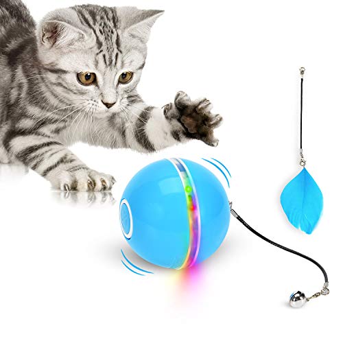 WWVVPET Katzenspielzeug Ball mit LED-Licht & Katzenminze, Interaktives Ringglocke Feder Spielzeug, 360° Rollen Haustier Automatisch Drehendes Intelligentes Katzenballspielzeug, USB Wiederaufladbarer von WWVVPET