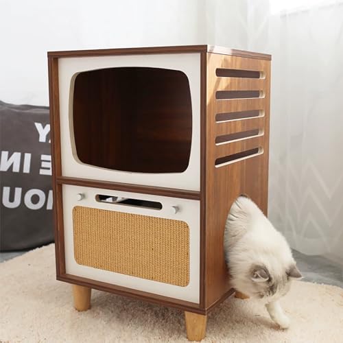 Katzenhaus, 2-in-1-Luxusmöbel aus Holz für den Innenbereich, 2-stöckig für Kitten Shelter Lodge, Nachttisch für Katzen, Retro-TV-Stil, für Kaninchen, Katzen, Welpen, Nachttische, Heimdekoration von WXFTNIX