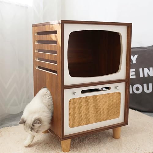 Katzenhaus, 2-in-1-Luxusmöbel aus Holz für den Innenbereich, 2-stöckig für Kitten Shelter Lodge, Nachttisch für Katzen, Retro-TV-Stil, für Kaninchen, Katzen, Welpen, Nachttische, Heimdekoration von WXFTNIX