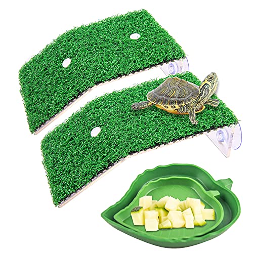 WXJ13 4 x kleine Schildkröte zum Ausruhen, Sonnenplattform, Simulation Gras, Schildkröte, Rampe und Blätter, Reptilien-Futter, Schlange für Haustiere, trinken und fressen von WXJ13
