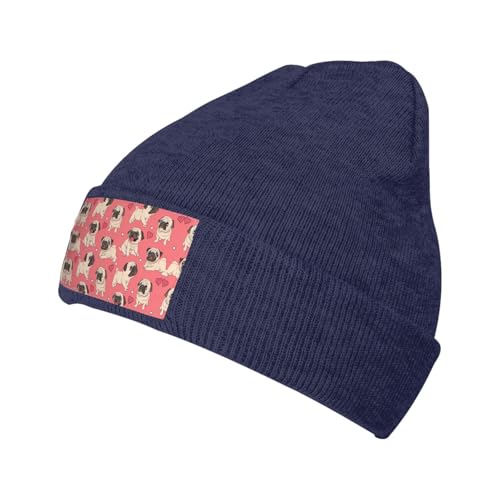 Lustige Wintermütze mit Cartoon-Mops-Motiv, unisex, für Erwachsene, gestrickt, Wintermützen für dickes kaltes Wetter, marineblau, One size Lustige Wintermütze mit Cartoon-Mops-Motiv, unisex, für Erwachsene, gestrickt, Wintermützen für dickes kaltes Wetter, marineblau, One size von WYCZHY