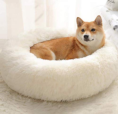 WYJW Gemütliches Hundebett Kunstpelz Donut Cuddler Soft Comfort Hundehaustiersofa Luxuriöses abnehmbares großes Hundenestbett Rutschfestes Hundebett, maschinenwaschbar, weiß, 100 cm von WYJW