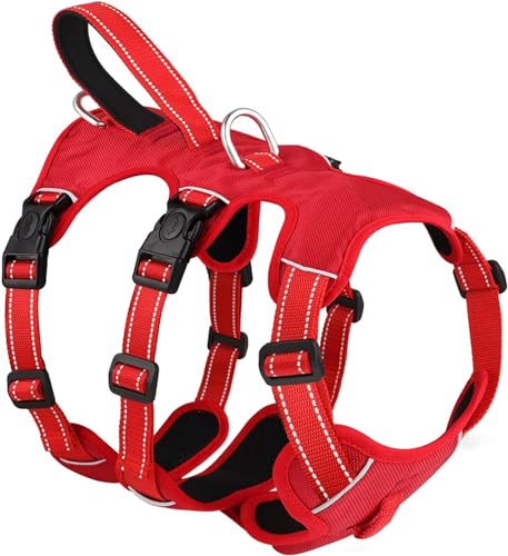 WYOERN Reflektierendes Hundegeschirr für den Außenbereich, strapazierfähiges Nylon, wasserdicht, kein Ziehen, Hundegeschirr mit Griff, Größe M, Rot von WYOERN