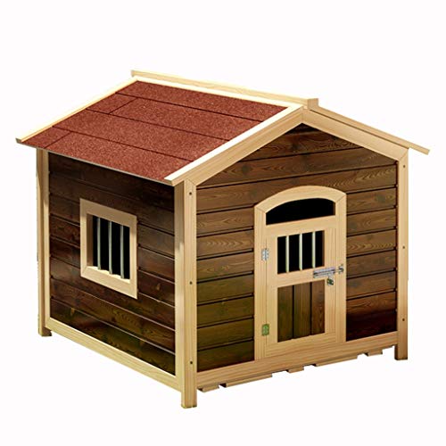 Hundehütte für den Außenbereich, Hundehütte mit Stahlfenster, Ziegelstein-Asphaltdach, Hundehütte aus Holz, einfach zu montierende Geschenk-Hundehütten (rot, 112 x 100 x 105 cm) von WYRMB