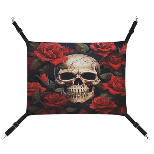 WYUSPGK Gemütliche Haustier-Hängematte, Totenkopf-Rosen-Druck, atmungsaktiv, Haustier-Hängematte, platzsparendes Canvas-Bett für Katzen und kleine Hunde, verstellbar, tragbar und leicht zu reinigen von WYUSPGK