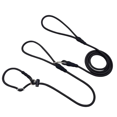 WYuZe Hundeleine mit Doppelgriff, klein, 2,1 m x 0,6 cm, kein Verheddern, Anti-Würgen, rutschfestes Hundehalsband und Leine, Hundetrainingsleine zum Ziehen, Schwarz von WYUZE