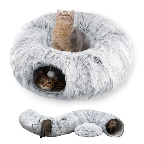 WYZJL Katzentunnelbett für Indoor-Katzen mit waschbarem Kissen, Katzenhöhle, Donut-Tunnel mit flauschigem Ball, großes rundes Rohr, Haustier-Spielplatz, Spielzeug, weicher Plüsch, Peekaboo für von WYZJL