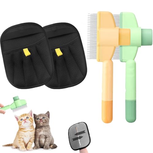 WZBBJuser 4 Stück Tierhaarentferner Handschuh & Selbstreinigende Katzenbürste, Antistatische FellMagnet Handschuh, Flohkamm für Katzen, katzenhaarentferner, für Lang- und Kurzhaar Katzen & Hunde von WZBBJuser
