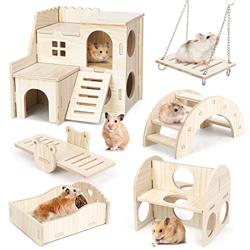 Hamster Spielzeug, 6 Stück Holz Hamsterhaus Spielzeug für Hamster aus Holz Hamster Kauspielzeug Spielzeug Hamster Versteck Haus Trainingspielzeug für Chinchilla, Meerschweinchen, Rennmaus, Kaninchen von WZDTNL