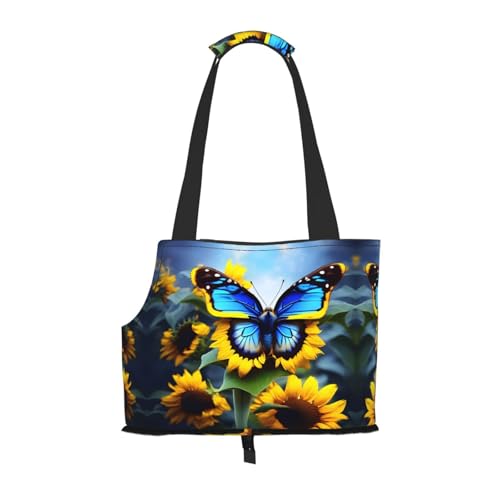 Leichte, atmungsaktive Reise-Umhängetasche für kleine Haustiere, WZYCWB Sonnenblumen-blauer Schmetterling, bedruckte Haustier-Umhängetasche von WZYCWB