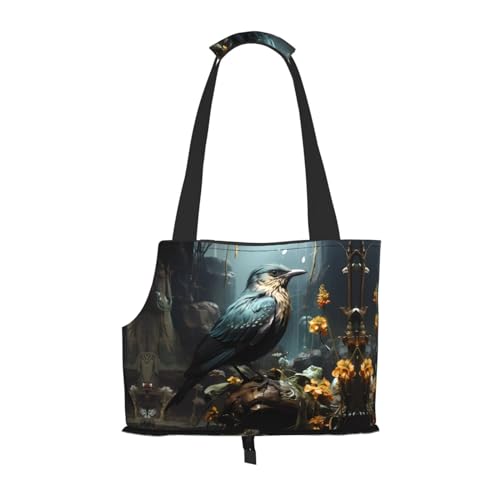 Schwarze Schultertasche mit Vogel- und Blumendruck, für kleine Hunde und Katzen von WZYCWB
