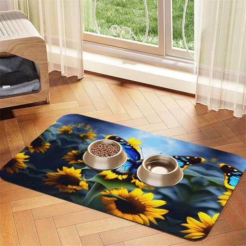 WZYCWB 30 x 45 cm, Sonnenblumen-blaues Schmetterlingsmuster, Haustier-Tischset, Futtermatte – für Katzen- und Hunde-Futternapf-Matten, faltbar und einfach zu verstauen WZYCWB 30 x 45 cm, Sonnenblumen-blaues Schmetterlingsmuster, Haustier-Tischset, Futtermatte – für Katzen- und Hunde-Futternapf-Matten, faltbar und einfach zu verstauen von WZYCWB