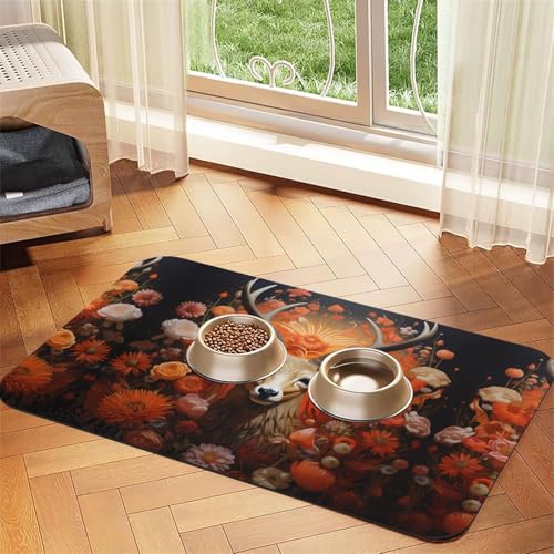 WZYCWB 30 x 45 cm Antilopen- und Blumenmuster-Haustier-Tischset, Futtermatte – für Katzen- und Hundefutter-Matten, faltbar und einfach zu verstauen von WZYCWB