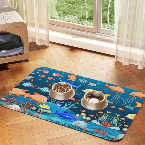 WZYCWB 30 x 45 cm blaue Unterwasserwelt der Fische, gemustertes Haustier-Tischset, Futtermatte – für Katzen- und Hunde-Futternapf-Matten, faltbar und einfach zu verstauen von WZYCWB
