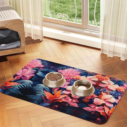 WZYCWB 30 x 45 cm bunte tropische Pflanzenblätter, gemustertes Haustier-Tischset, Futtermatte – für Katzen- und Hundefutter-Matten, faltbar und einfach zu verstauen von WZYCWB
