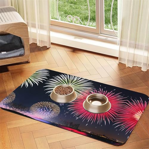 WZYCWB 30 x 45 cm prächtiges Feuerwerk bedruckte saugfähige Haustier-Tischsets – rutschfeste Futtermatten für Hunde und Katzen, Futternäpfe und Wasser-Tischsets von WZYCWB