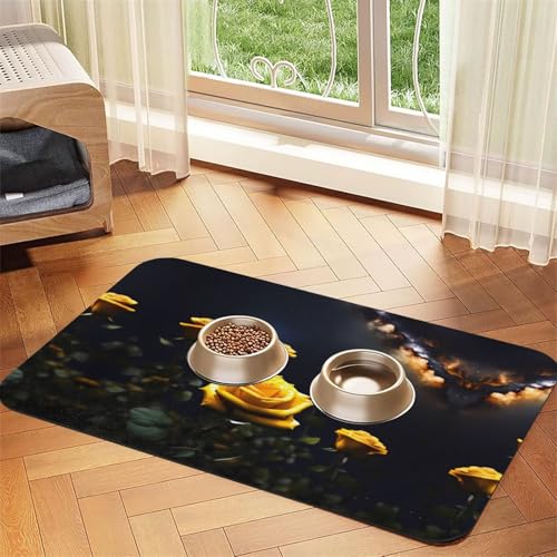 WZYCWB 30 x 45 cm schöne gelbe Rosen gemusterte Haustier-Tischset, Futtermatte – für Katzen- und Hundefutter-Matten, faltbar und einfach zu verstauen von WZYCWB
