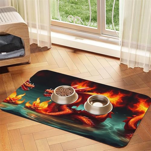 WZYCWB 40 x 60 cm, Motiv: Drachenkönig im Feuer, gemustert, für Futternapf für Katzen und Hunde, faltbar und leicht zu verstauen von WZYCWB
