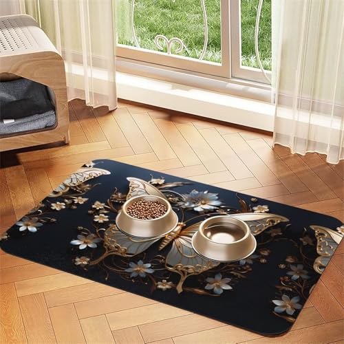 WZYCWB 40 x 60 cm, goldfarbene weiße Schmetterlinge, gemustert, Futtermatte für Katzen- und Hundefutter, faltbar und einfach zu verstauen von WZYCWB