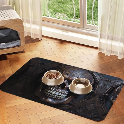 WZYCWB 40 x 60 cm, kupferfarbenes Haustier-Tischset mit Totenkopf-Muster, Futtermatte für Katzen- und Hundefutter, faltbar und leicht zu verstauen von WZYCWB