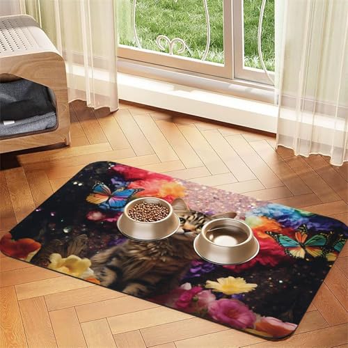 WZYCWB 40 x 60 cm Kätzchen in den Blumen gemustertes Haustier-Tischset – für Katzen- und Hundefutter-Matten, faltbar und einfach zu verstauen von WZYCWB