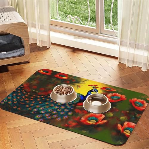 WZYCWB 40 x 60 cm Pfauenblumen-gemustertes Haustier-Tischset, Futtermatte – für Katzen- und Hundefutter-Matten, faltbar und einfach zu verstauen von WZYCWB