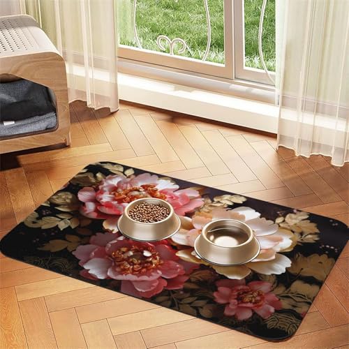 WZYCWB 40 x 60 cm Pfingstrose von Gold gemustertes Haustier-Tischset, Futtermatte – für Katzen- und Hundefutter-Matten, faltbar und einfach zu verstauen von WZYCWB